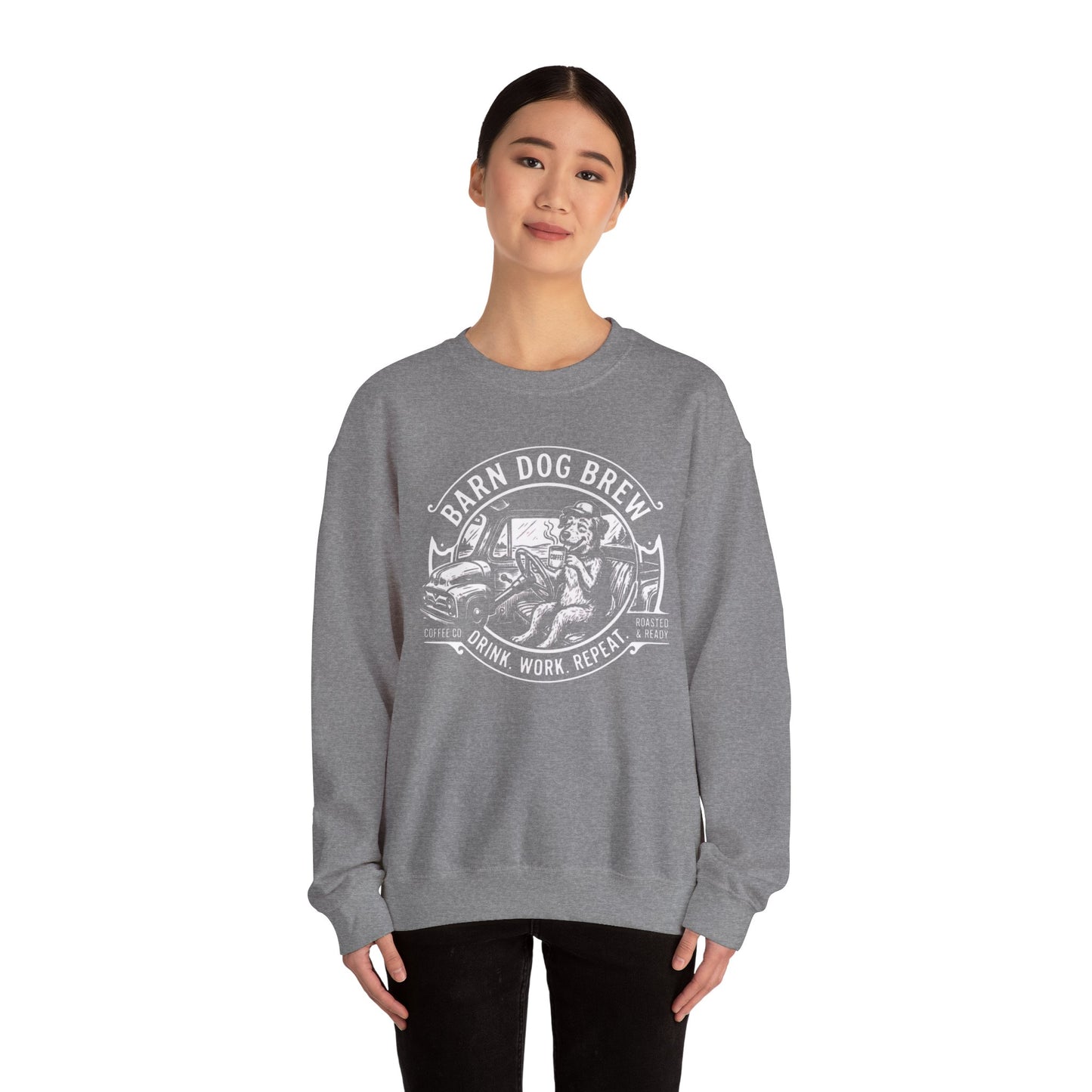 Barn Dog Brew logo sweatshirt | Coffee Drink Work Repeat crewneck