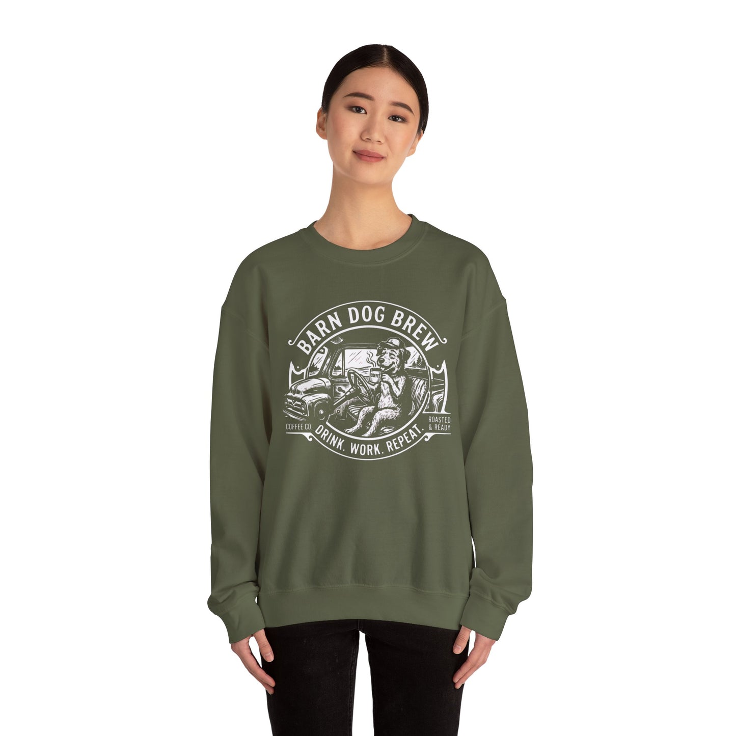 Barn Dog Brew logo sweatshirt | Coffee Drink Work Repeat crewneck