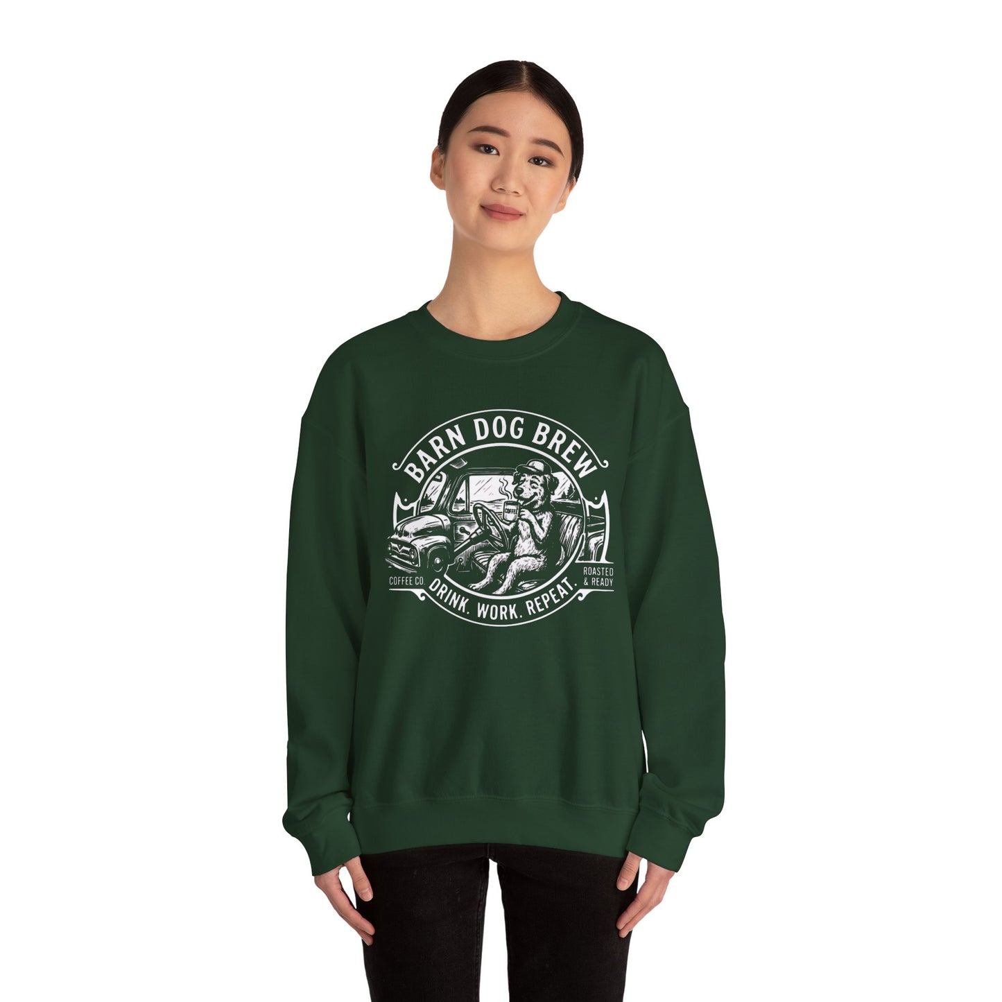 Barn Dog Brew logo sweatshirt | Coffee Drink Work Repeat crewneck