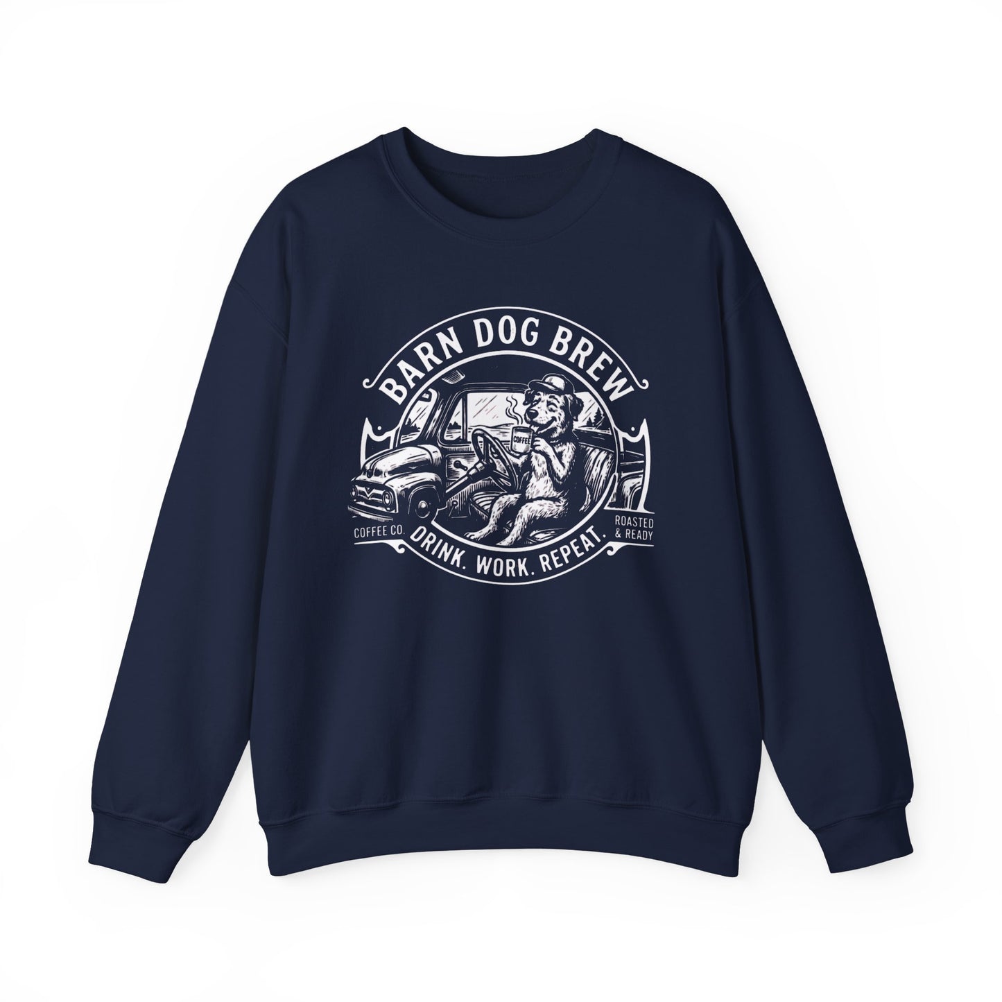 Barn Dog Brew logo sweatshirt | Coffee Drink Work Repeat crewneck