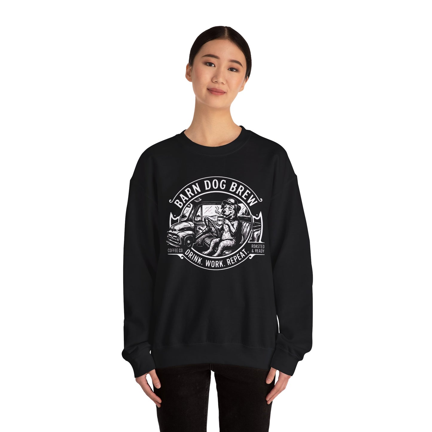 Barn Dog Brew logo sweatshirt | Coffee Drink Work Repeat crewneck