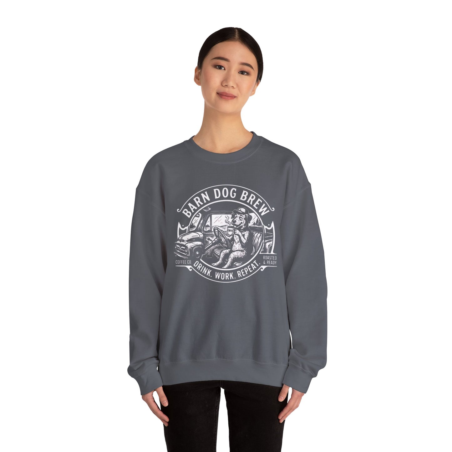 Barn Dog Brew logo sweatshirt | Coffee Drink Work Repeat crewneck