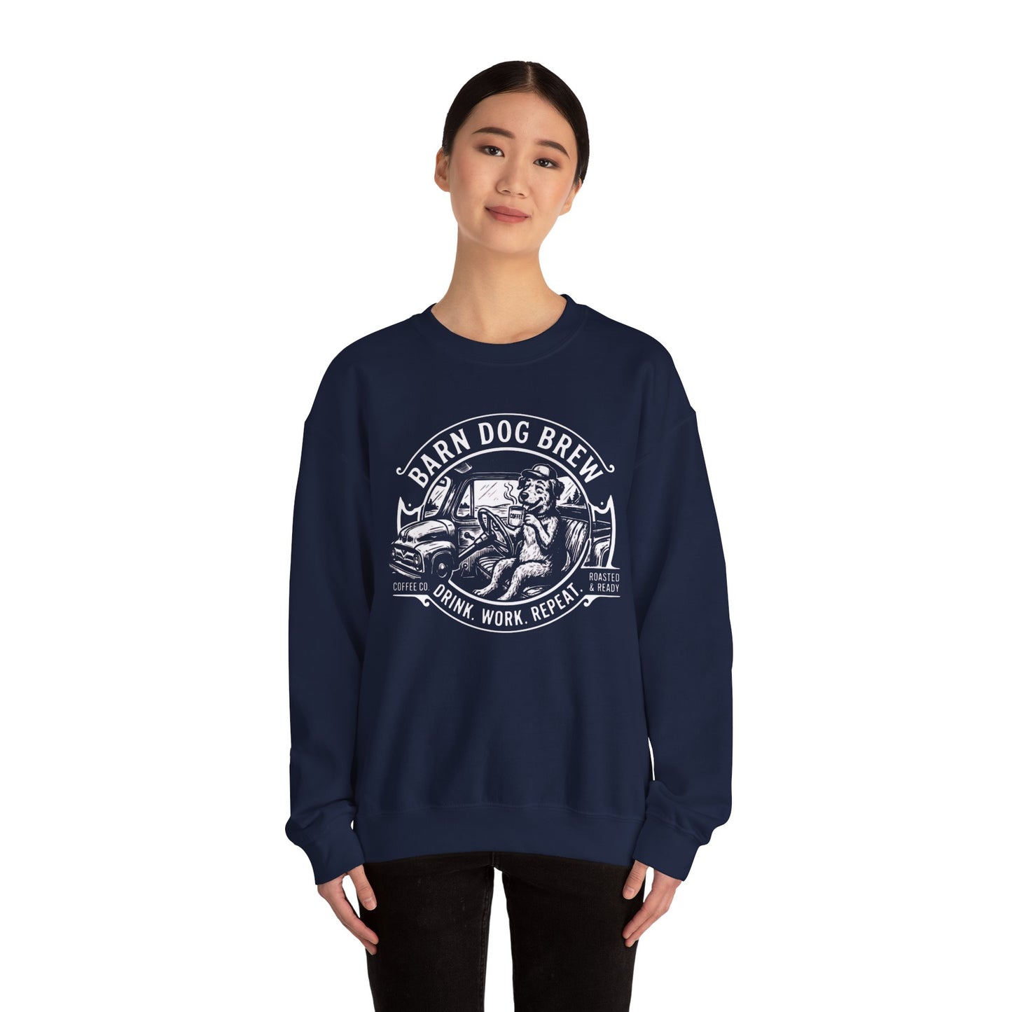 Barn Dog Brew logo sweatshirt | Coffee Drink Work Repeat crewneck
