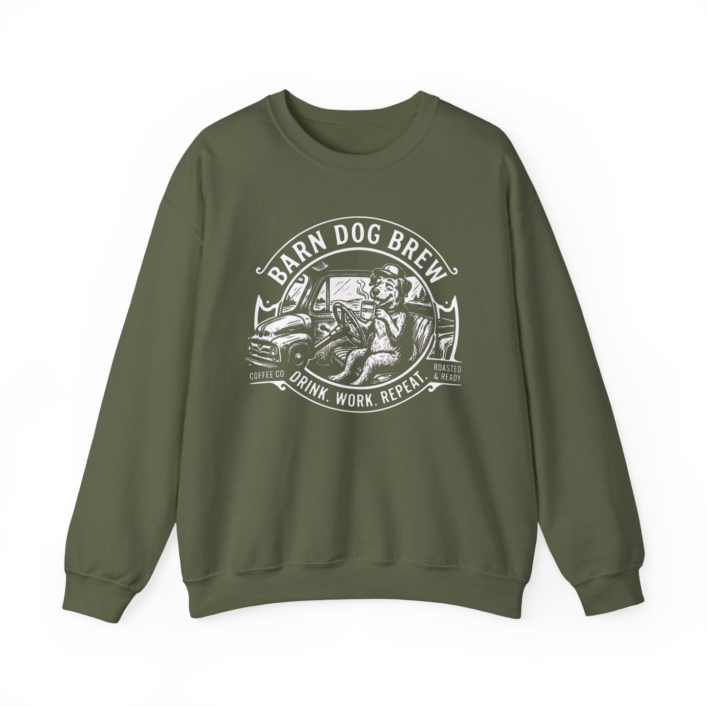 Barn Dog Brew logo sweatshirt | Coffee Drink Work Repeat crewneck